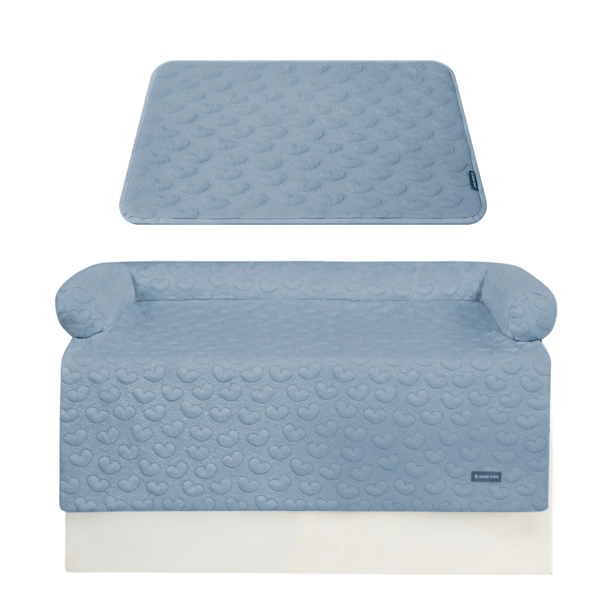 Frostcore™ Cooling Couch Cover Dog Bed and Cooling Mat Set - Hearts Ash Blue
